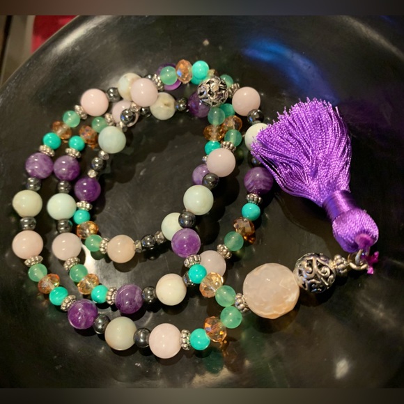 Mala Prayer Bead Necklace 14" with matching stretchy bead bracelet - Picture 3 of 8